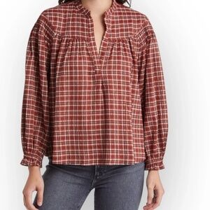 Treasure & bond brown white plaid Smocked shoulder V-neck pop over blouse Size S